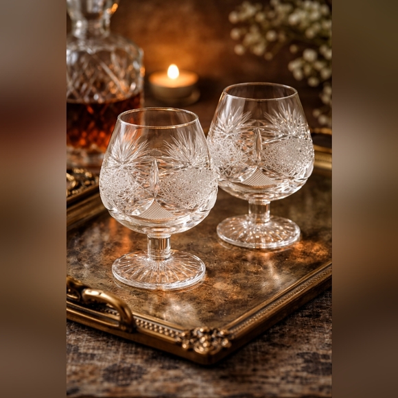 Vintage Bohemia Brilliant Cut Crystal Brandy Snifters Set Of 2